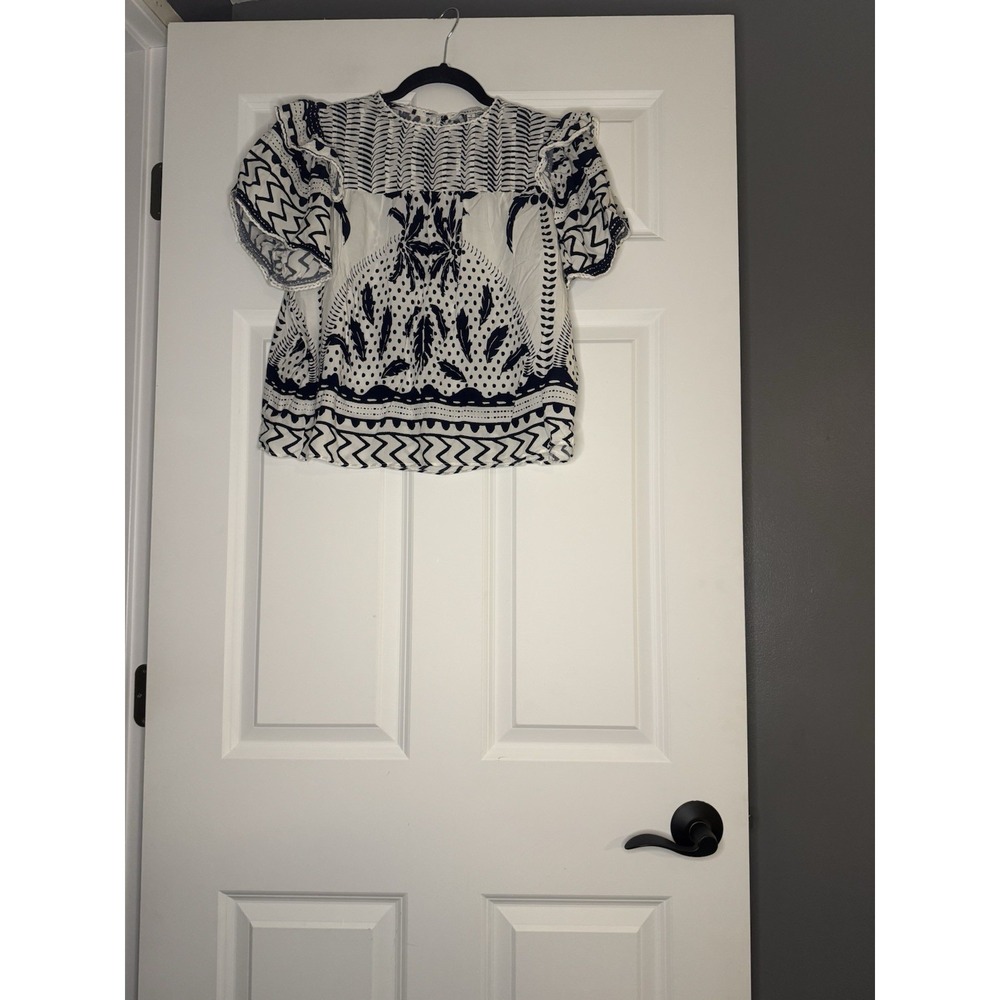 Rose And Olive Short Sleeve Botanical Print Keyhole Button Top Small White Navy